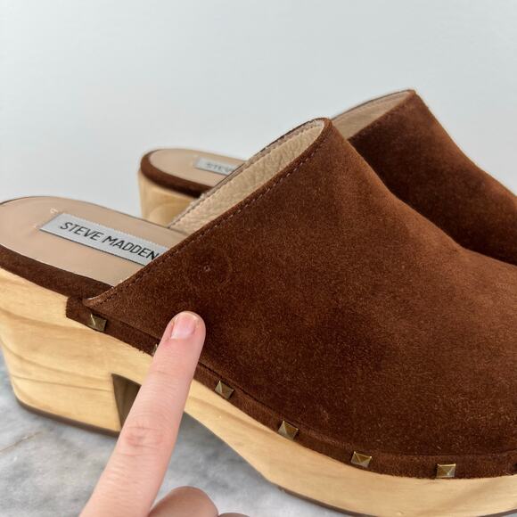 Steve Madden Studded Brown Suede Wood Block Heel Brooklyn Platform Clog (Sz 9.5) - Picture 7 of 12